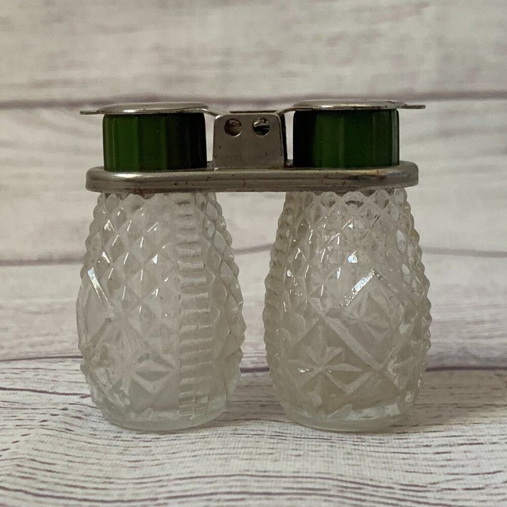 Vintage Bakelite Glass Salt Pepper Shaker Set Metal Green Flip Top Lid Mini